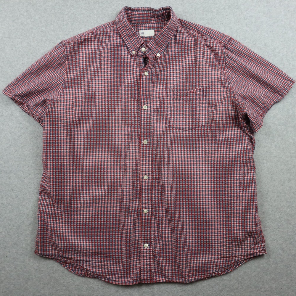 Gap Shirt Mens 2XL XXL Standard Fit Seersucker Button Up Red Plaid Short Sleeve‎